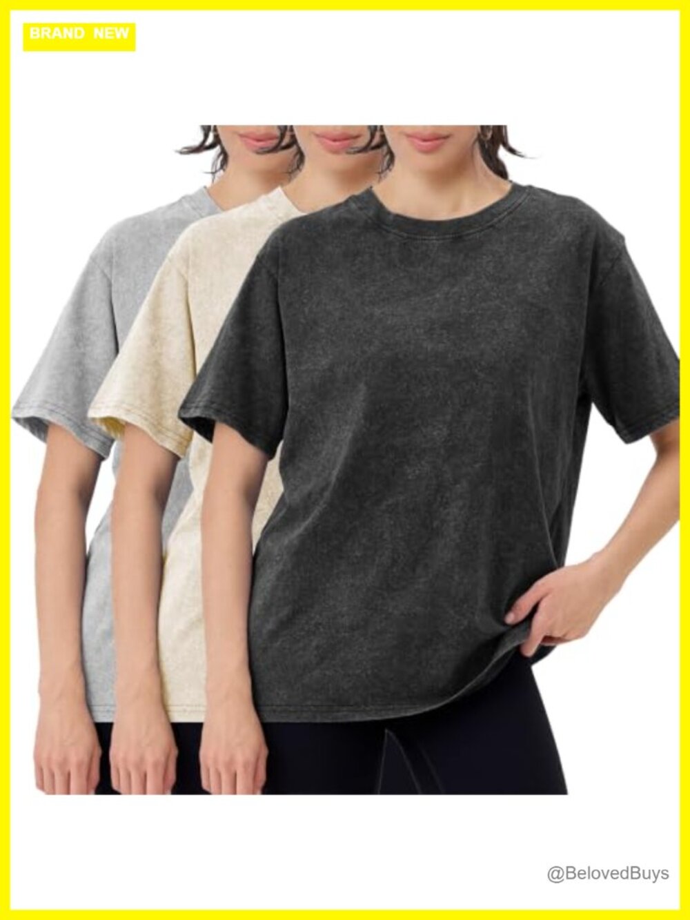 3 Pack Acid Washed Oversized T-Shirts Cotton Crew Neck